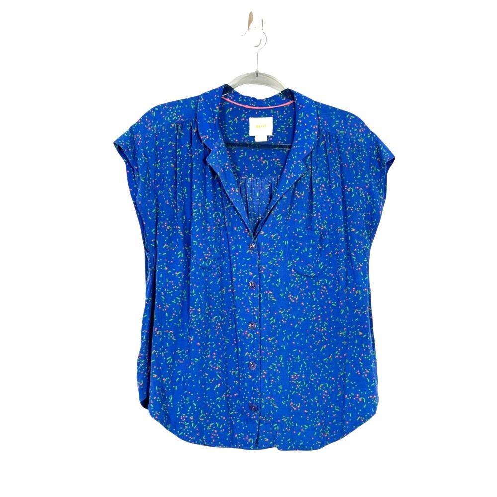 Anthropologie Maeve Blue Abstract Print Button Up Short Sleeve Top Size Medium